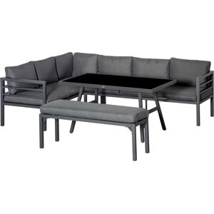 Outsunny 4 Piece L-shaped Garden Furniture Set 8-Seater Aluminium Outdoor Dining Set Conversation Sofa Set w/ Bench, Dining Table & Cushions, Grey