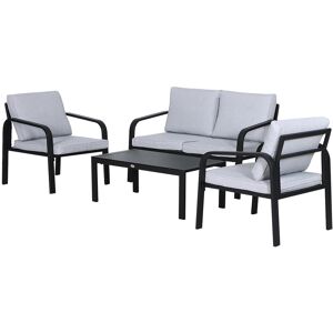 Outsunny 4 Pcs Aluminium Frame Garden Dining Set w/ 2 Chairs Sofa Glass Top Table Foam Cushions Sleek Contemporary Tough Durable Grey Black