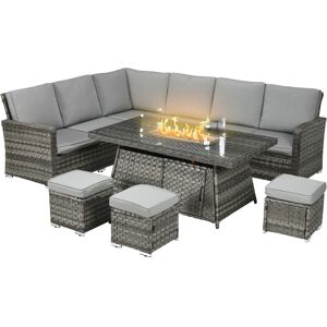 Outsunny 9-Seater PE Rattan Garden Furniture Set, 50,000 BTU Gas Fire Pit Table, Double Corner Sofa, 3 Footstools, Grey