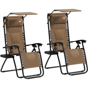 Outsunny Zero Gravity Lounger Chair Set of 2, Folding Reclining Patio Chair with Shade Cover, Cup Holder, Soft Cushion and Headrest, Brown
