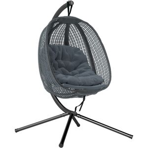 Outsunny Outdoor Swing Chair w/ Thick Padded Cushion, Patio Hanging Chair w/ Metal Stand, Foldable Basket, Cup Holder, Dark Grey