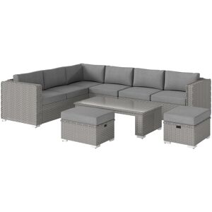 Outsunny 8-Seater PE Rattan Garden Corner Sofa Set Outdoor Wicker Conservatory Furniture Coffee Table Footstool, Grey Aosom UK