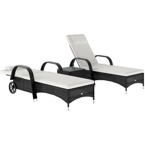 Outsunny 3 Pieces Patio Lounge Chair Set Garden Wicker Wheeling Recliner Outdoor Daybed, PE Rattan Lounge Chairs w/ Cushions & Side Coffee Table Black