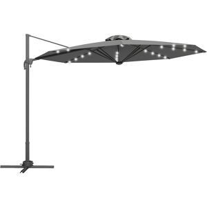 Outsunny 3(m) Square Outdoor Umbrella Patio Sun Umbrella with Crank & Tilt LED Solar Light Cross Base 360° Rotating Outdoor, Dark Grey