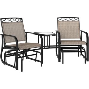 Outsunny Double Outdoor Glider Chair, 2 Seater Patio Rocking Chairs, Swing Bench w/ Tempered Glass Table, Mesh Fabric for Backyard, Garden, Brown