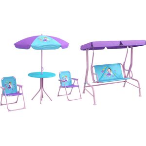 Outsunny 4PCs Kids Garden Furniture Set w/ 2 Seater Garden Swing Chair w/ Adjustable Canopy, Table and Chair Set w/ Parasol, for Toddler Outsunny 4PCs Kids Garden Furniture Set w/ 2 Seater Garden Swing Chair w/ Adjustable Canopy, Table and Chair Set w/ Parasol, for Toddler
