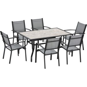 Outsunny 7 Piece Garden Dining Set, Armchairs and Table with Parasol Hole, 6 Seater Outdoor Patio Furniture with Texteline Seat for Backyard, Grey Outsunny 7 Piece Garden Dining Set, Armchairs and Table with Parasol Hole, 6 Seater Outdoor Patio Furniture with Texteline Seat for Backyard, Grey