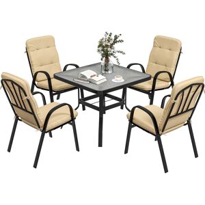 Outsunny 5 Pieces Outdoor Square Garden Dining Set w/ Tempered Glass Dining Table 4 Cushioned Armchairs, Umbrella Hole, Beige Outsunny 5 Pieces Outdoor Square Garden Dining Set w/ Tempered Glass Dining Table 4 Cushioned Armchairs, Umbrella Hole, Beige