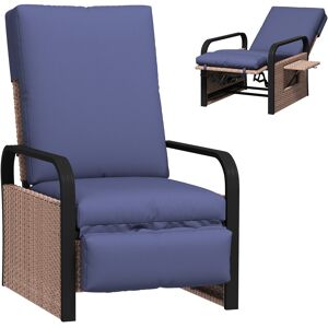 Outsunny Rattan Garden Recliner Chair, Reclining Rattan Chair with Adjustable Backrest and Footrest, Outdoor Lounge Sun Lounger with Cushion, Side Tray and Aluminium Armrests, Brown/Blue Outsunny Rattan Garden Recliner Chair, Reclining Rattan Chair with Adjustable Backrest and Footrest, Outdoor Lounge Sun Lounger with Cushion, Side Tray and Aluminium Armrests, Brown/Blue