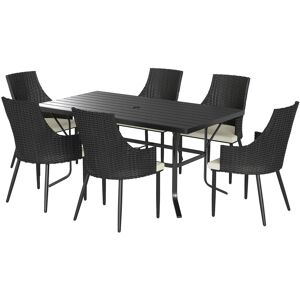 Outsunny 6 Seater Rattan Dining Set with Cushions, Garden Furniture Set with Armchairs, Rectangle Slatted Table Top, Steel Frame, Parasol Hole, Wicker Outdoor Furniture for Patio, Balcony, Cream White Outsunny 6 Seater Rattan Dining Set with Cushions, Garden Furniture Set with Armchairs, Rectangle Slatted Table Top, Steel Frame, Parasol Hole, Wicker Outdoor Furniture for Patio, Balcony, Cream White
