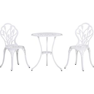 Outsunny 3 Piece Patio Bistro Set for 2, Outdoor Aluminium Garden Table and Chairs with Umbrella Hole for Balcony, White Outsunny 3 Piece Patio Bistro Set for 2, Outdoor Aluminium Garden Table and Chairs with Umbrella Hole for Balcony, White