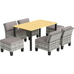 Outsunny 7-Piece Rattan Garden Dining Set, 6 Seater Wicker Garden Furniture Set with Seat and Back Cushions, Umbrella Hole, Patio Table and Chairs with Slatted Metal Top Table for Balcony, Grey Outsunny 7-Piece Rattan Garden Dining Set, 6 Seater Wicker Garden Furniture Set with Seat and Back Cushions, Umbrella Hole, Patio Table and Chairs with Slatted Metal Top Table for Balcony, Grey