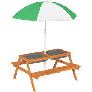 Outsunny Kids Picnic Table with Benches, Wooden Sand and Water Table, Adjustable Parasol, Storage Bins, for Kids 3-6 Years, Brown Outsunny Kids Picnic Table with Benches, Wooden Sand and Water Table, Adjustable Parasol, Storage Bins, for Kids 3-6 Years, Brown