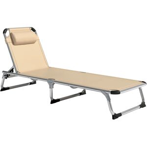 Outsunny Foldable Reclining Sun Lounger Lounge Chair Camping Bed Cot with Pillow 5-Level Adjustable Back Aluminium Frame Khaki Outsunny Foldable Reclining Sun Lounger Lounge Chair Camping Bed Cot with Pillow 5-Level Adjustable Back Aluminium Frame Khaki