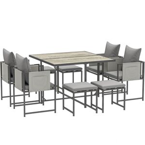 Outsunny 9 Piece Garden Dining Set, 8 Seater Garden Table and Chairs with 4 Stools, Square PSPC Plastic Top Table, Side Pockets for Patio, Grey Outsunny 9 Piece Garden Dining Set, 8 Seater Garden Table and Chairs with 4 Stools, Square PSPC Plastic Top Table, Side Pockets for Patio, Grey