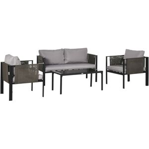Outsunny 4 Piece Metal Garden Furniture Set with Tempered Glass Coffee Table, Patio Set Loveseat, Single Armchairs with Padded Cushions, Light Grey Outsunny 4 Piece Metal Garden Furniture Set with Tempered Glass Coffee Table, Patio Set Loveseat, Single Armchairs with Padded Cushions, Light Grey