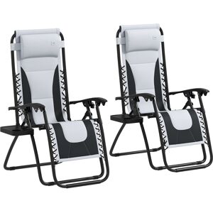 Outsunny Zero Gravity Lounger Chair Set of 2, Folding Reclining Patio Chair with Padded Seat, Cup Holder, Soft Cushion and Headrest for Poolside, Camping, Grey Outsunny Zero Gravity Lounger Chair Set of 2, Folding Reclining Patio Chair with Padded Seat, Cup Holder, Soft Cushion and Headrest for Poolside, Camping, Grey