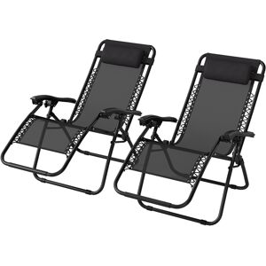 Outsunny Zero Gravity Chair Set of 2, Metal Frame Texteline Armchair Outdoor Folding and Reclining Sun Lounger with Head Pillow for Patio Decking Gardens Camping, Black Outsunny Zero Gravity Chair Set of 2, Metal Frame Texteline Armchair Outdoor Folding and Reclining Sun Lounger with Head Pillow for Patio Decking Gardens Camping, Black