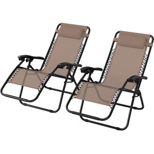 Outsunny Zero Gravity Chair Set of 2, Metal Frame Texteline Armchair Outdoor Folding and Reclining Sun Lounger with Head Pillow for Patio Decking Gardens Camping, Beige Outsunny Zero Gravity Chair Set of 2, Metal Frame Texteline Armchair Outdoor Folding and Reclining Sun Lounger with Head Pillow for Patio Decking Gardens Camping, Beige