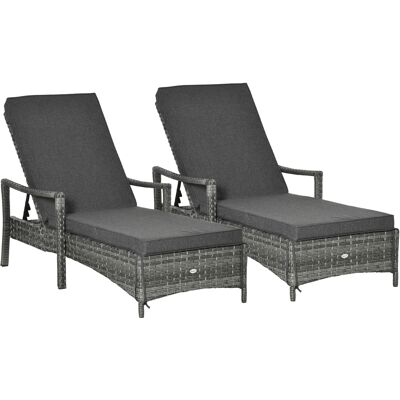 Outsunny PE Rattan Sun Loungers set of 2 with Cushion, Outdoor 2 Pieces Garden Sunbed Furniture with 4-Level Recliner Backrest, and Armrest, Grey Outsunny PE Rattan Sun Loungers set of 2 with Cushion, Outdoor 2 Pieces Garden Sunbed Furniture with 4-Level Recliner Backrest, and Armrest, Grey