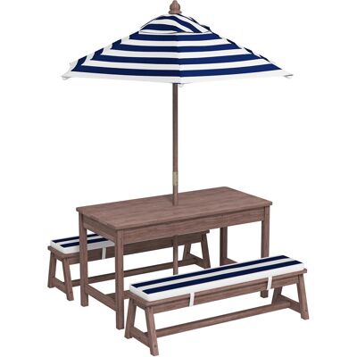 AIYAPLAY Outdoor Wooden Kids Picnic Table & Bench Set with Cushions and Umbrella, for Patio, Garden, Navy Blue AIYAPLAY Outdoor Wooden Kids Picnic Table & Bench Set with Cushions and Umbrella, for Patio, Garden, Navy Blue