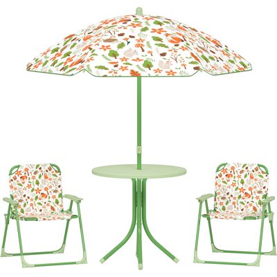 AIYAPLAY 4 Pieces Kids Garden Table and Chair Set with Adjustable Parasol, Folding Chairs, Table, Fox Pattern, Green AIYAPLAY 4 Pieces Kids Garden Table and Chair Set with Adjustable Parasol, Folding Chairs, Table, Fox Pattern, Green