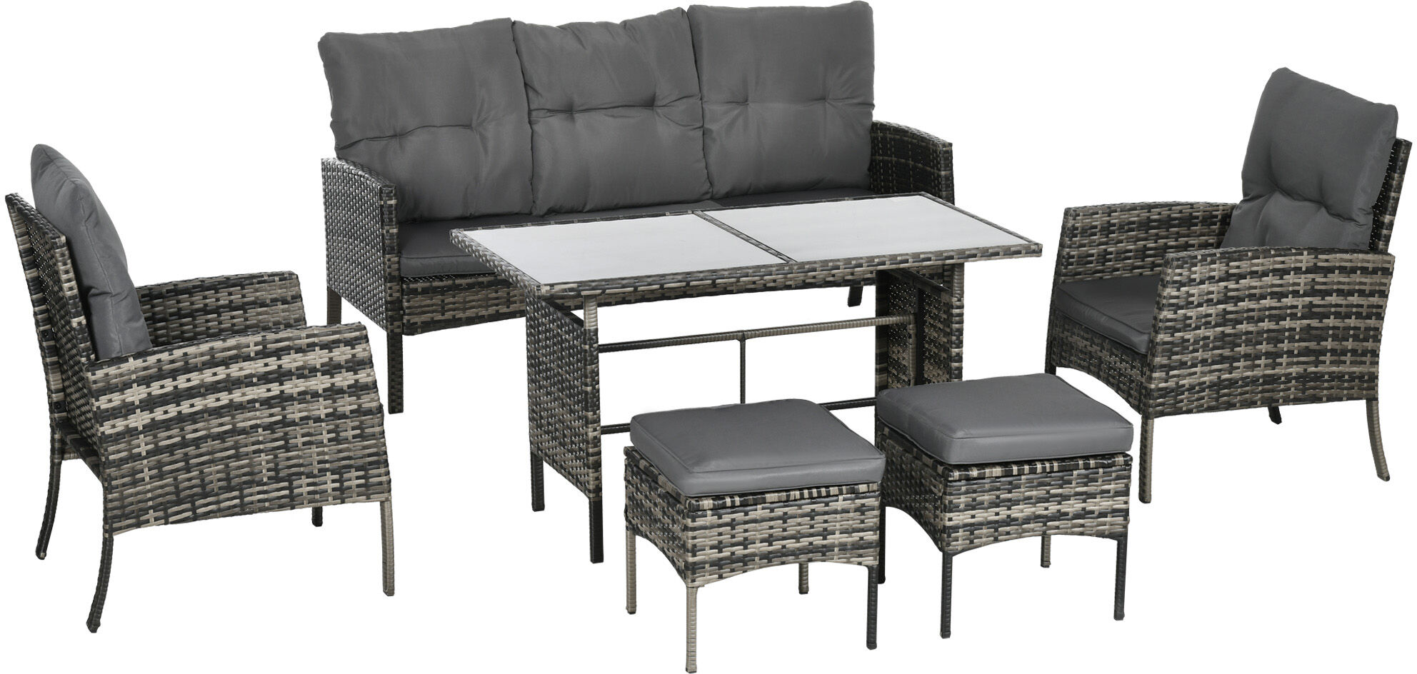 Outsunny 5 Seater Rattan Garden Furniture Set, 2 Armchairs, 3-seater Wicker Sofa, 2 Footstools Glass Table 6 Piece Patio Sofa Sets for Conservatory