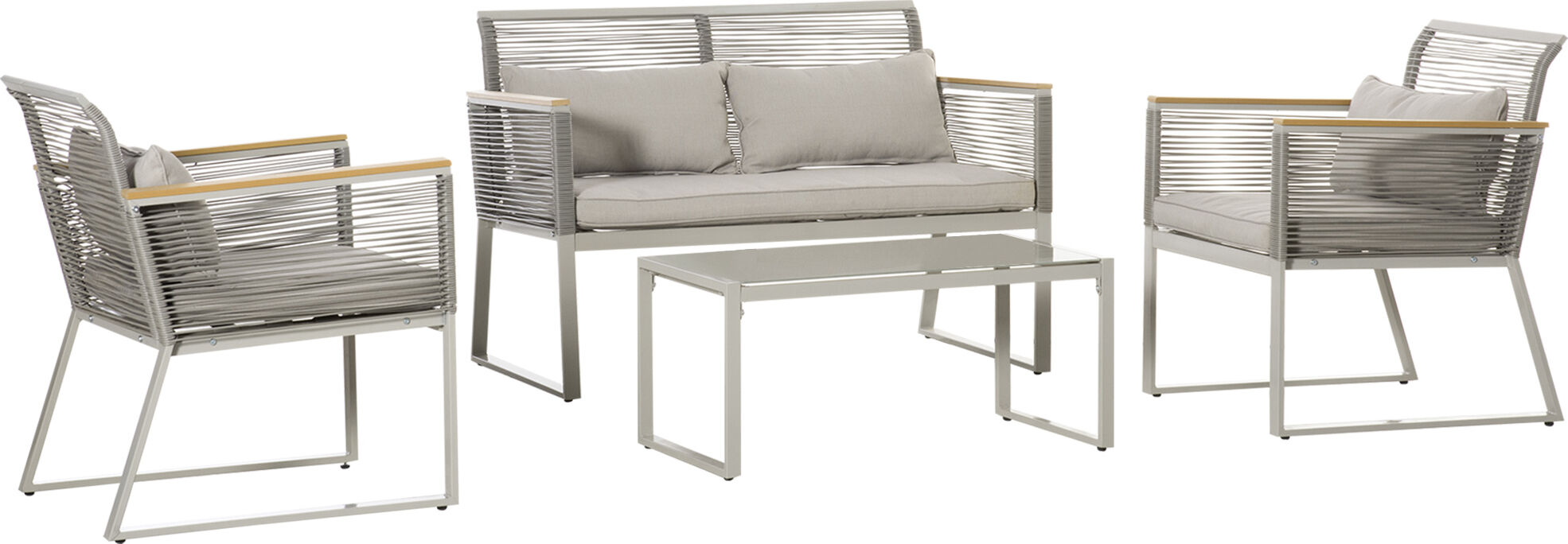 Outsunny 4-Seater Patio Wicker Sofa Set, Outdoor Metal Frame Wrapped Round PE Rattan Conservatory Furniture w/ Cushions, Tempered Glass Table, Grey