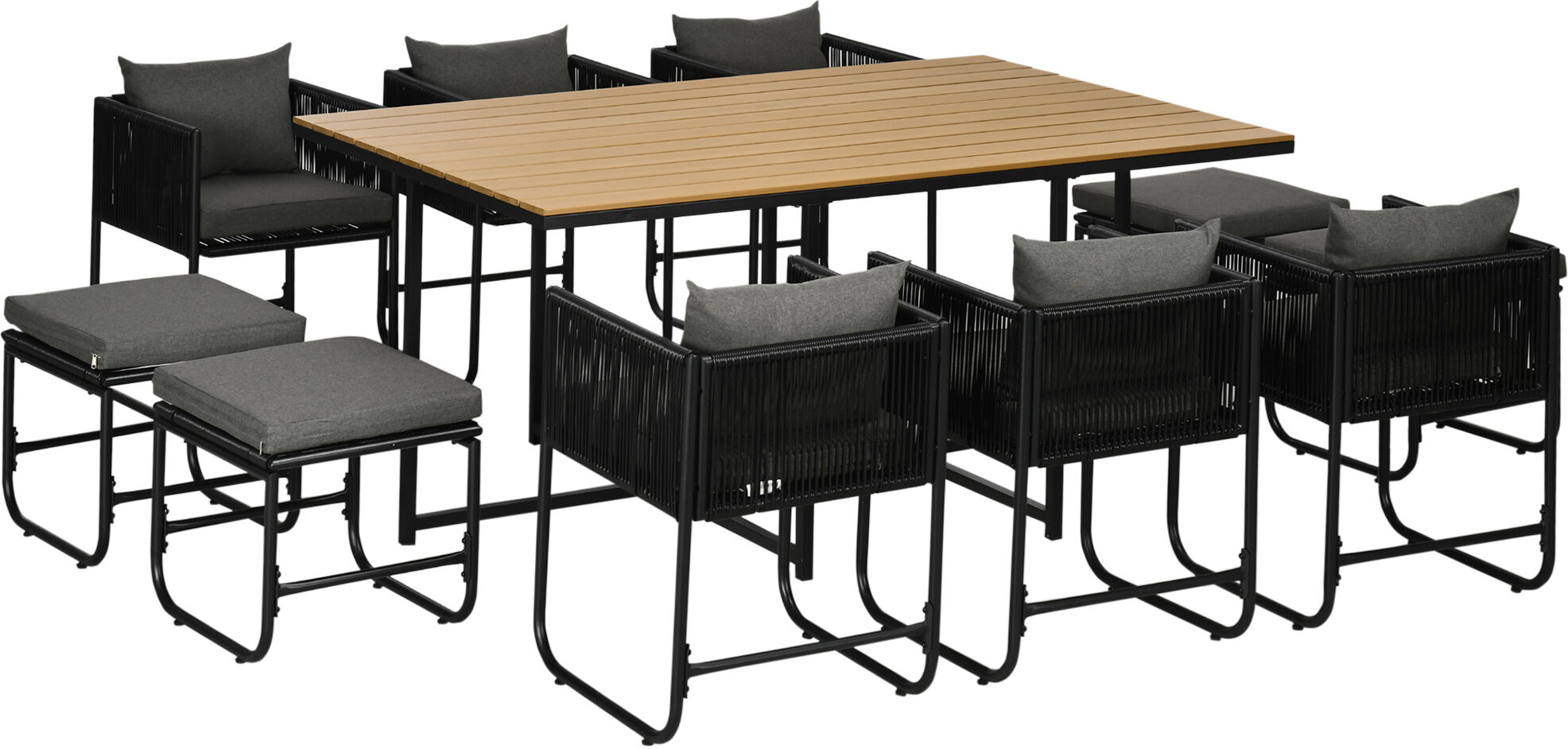 Outsunny Patio 11 PCs PE Rattan Dining Set, Garden Round Wicker 10-seater Table & Chair Sets, with Wood Grain Plastic Top, Space-saving Design Black