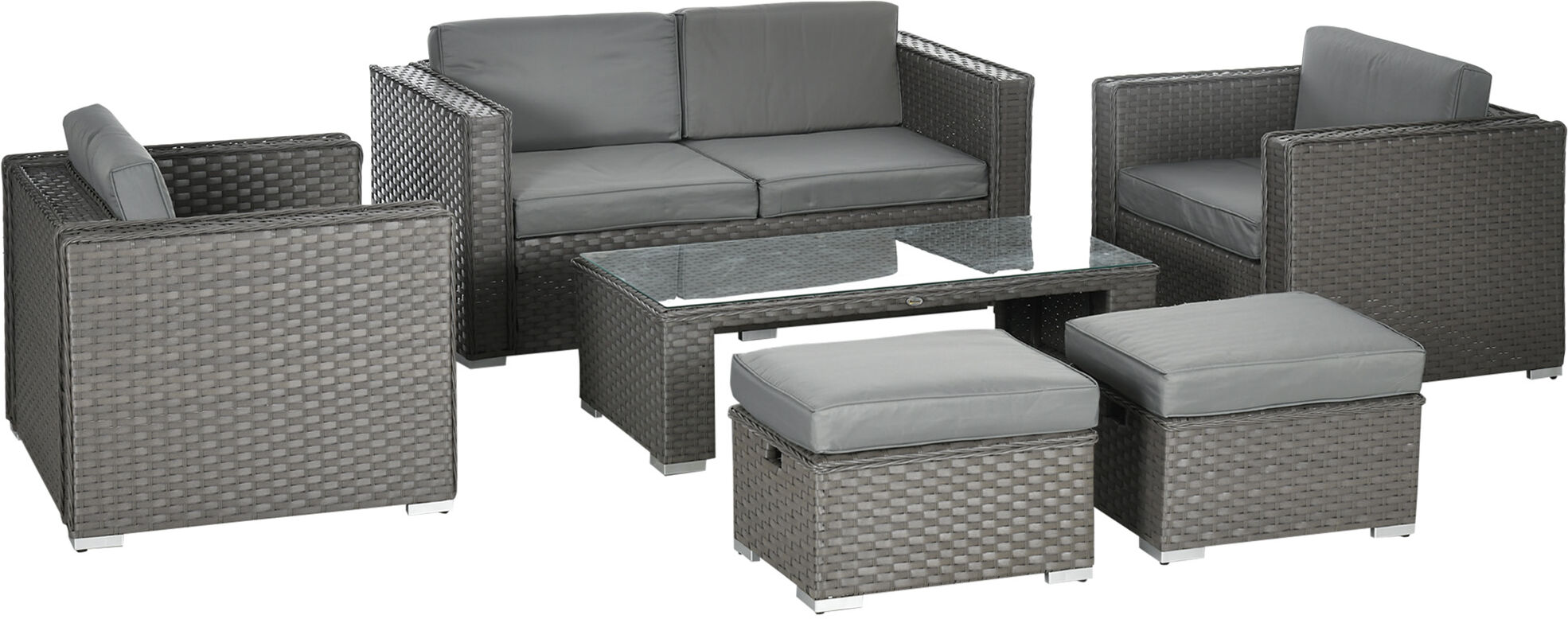 Outsunny 6PC Garden Rattan Sofa Set Outdoor Furniture Patio Table Loveseat Stool Lounging Ottoman Aluminium Frame Wicker Weave Conservatory Grey