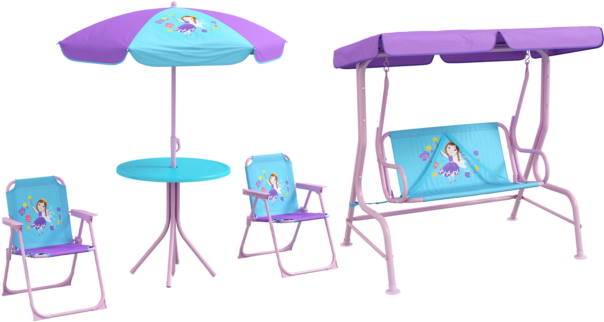 Outsunny 4PCs Kids Garden Furniture Set w/ 2 Seater Garden Swing Chair w/ Adjustable Canopy, Table and Chair Set w/ Parasol, for Toddler