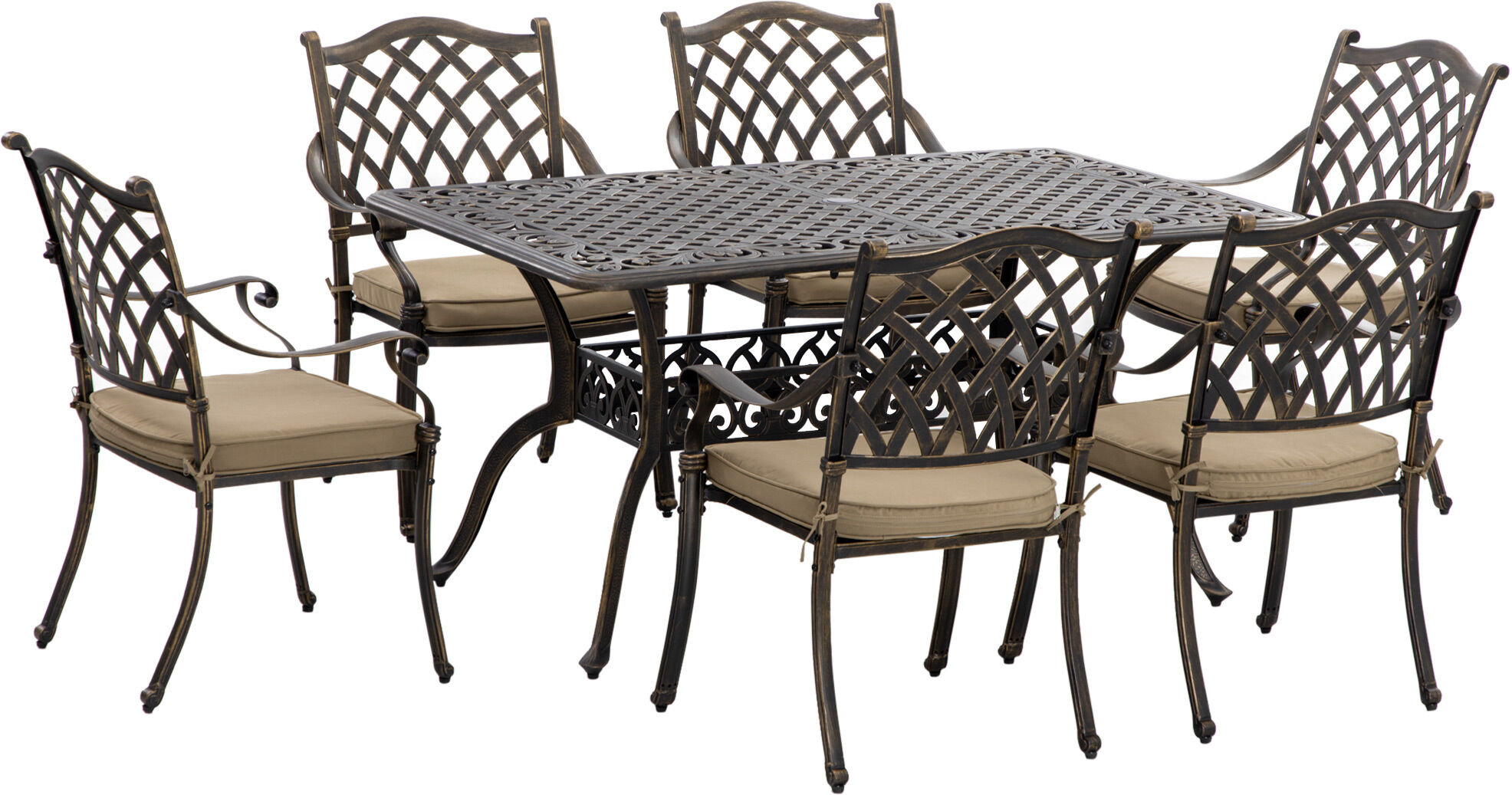 Outsunny 6-Seater Patio Dining Set with Umbrella Hole, Cast Aluminum Patio Furniture Set with Six Cushioned Chairs and Rectangle Dining Table, Bronze