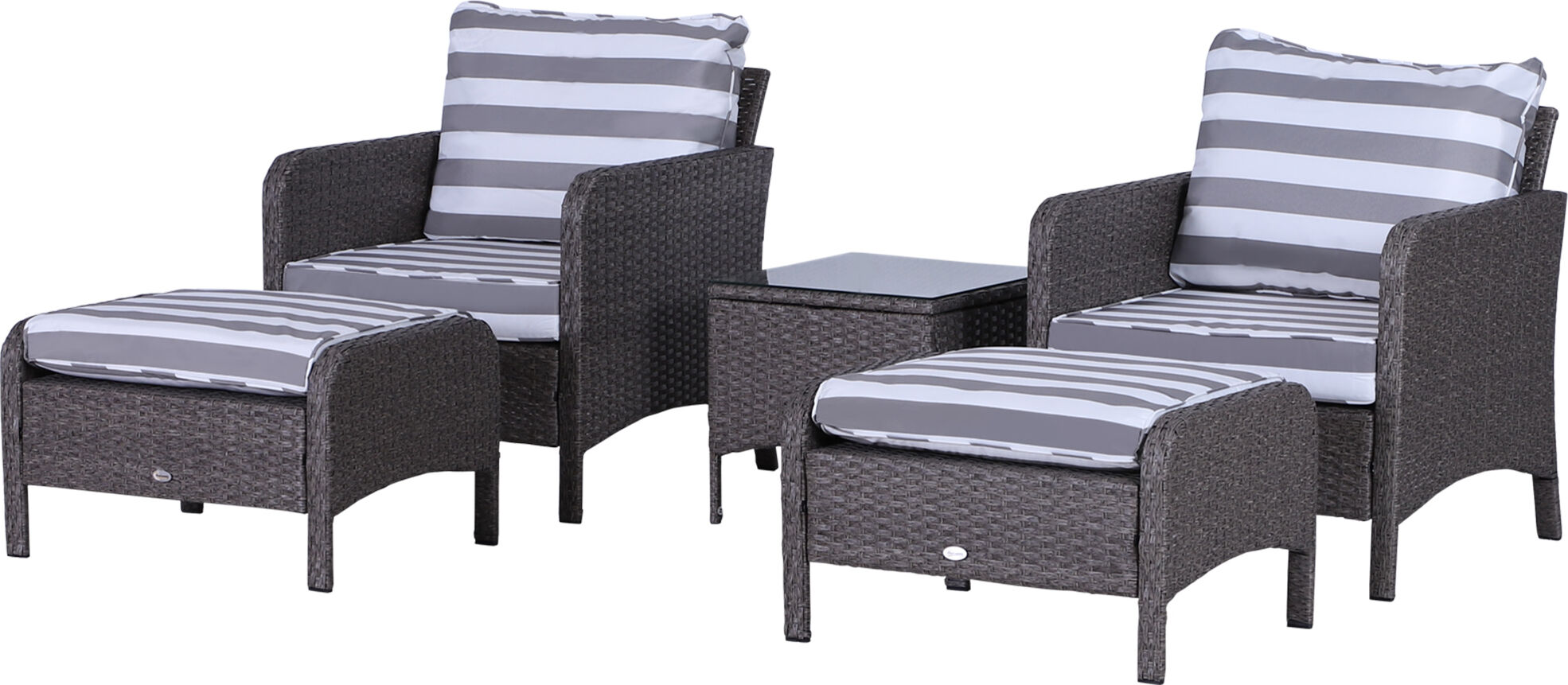 Outsunny Waterproof Rattan Garden Set: 2 Seater with Armchairs, Stools, Glass-Top Table, Cushions, Wicker Weave, Outdoor Seating Aosom UK