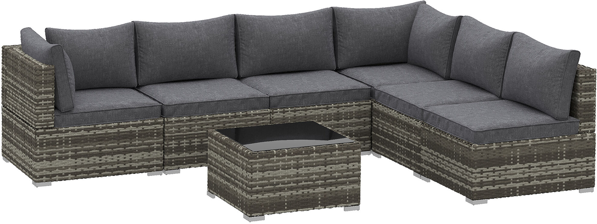 Outsunny 7 Pieces Outdoor PE Rattan Corner Sofa Set, Patio Wicker Conversation Chaise Lounge Furniture w/ Tempered Glass Table-top & Soft Padded Cushion for Garden, Backyard, Lawn, Dark Grey