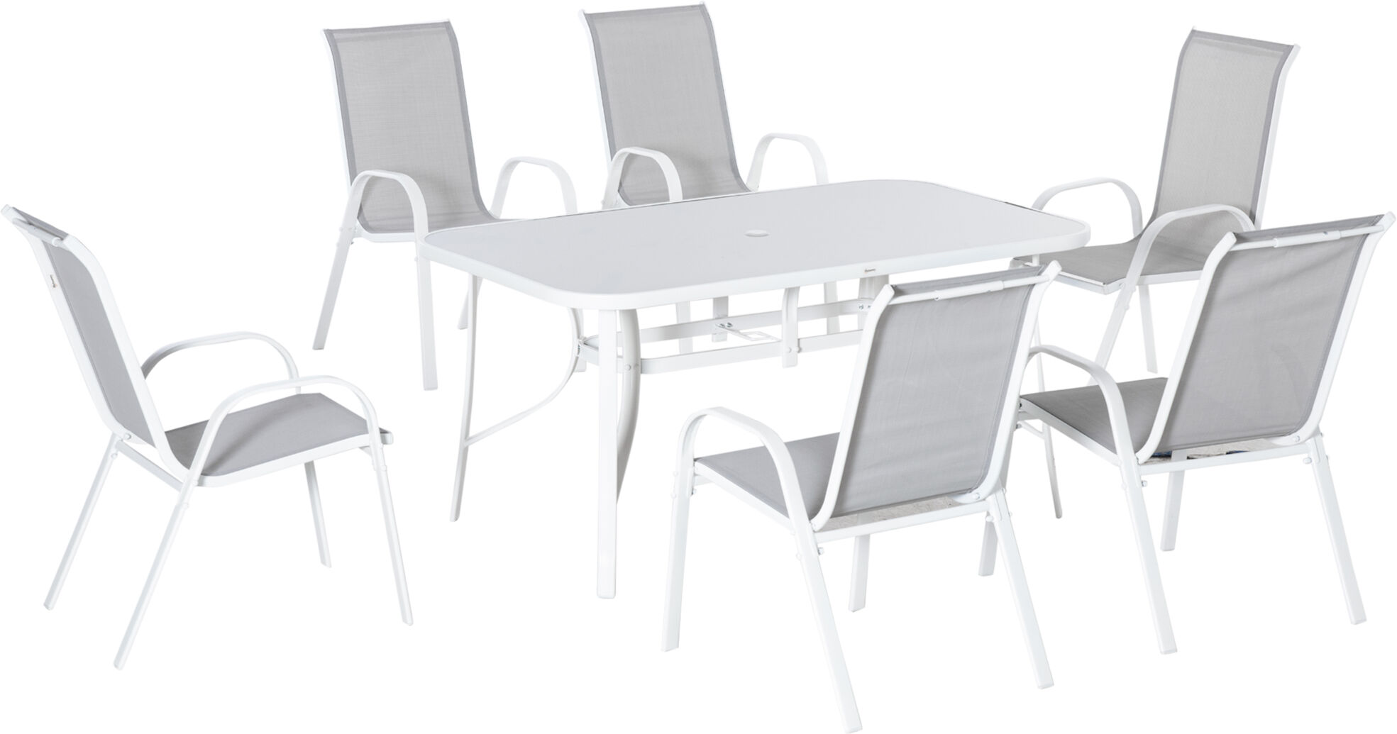 Outsunny 7 Piece Garden Dining Set with Dining Table and Chairs, 6 Seater Outdoor Patio Furniture w/ Parasol Hole for Backyard, Deck and Balcony, Grey