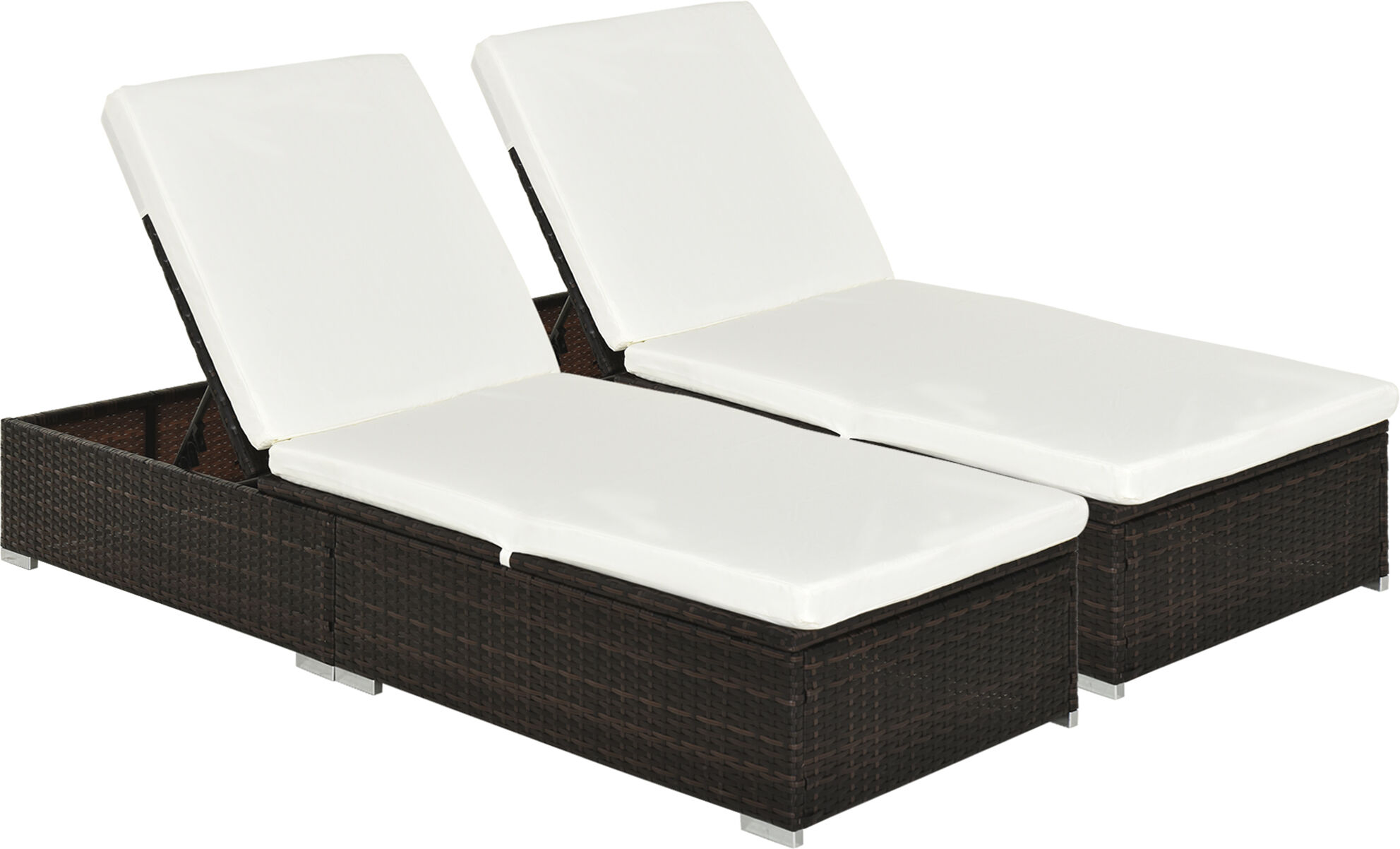 Outsunny 2 Pieces Outdoor PE Rattan Sun Loungers set of 2 w/ Cushion, Garden Wicker Sunbed Furniture w/ 5-Level Recliner Backrest, Brown Aosom UK