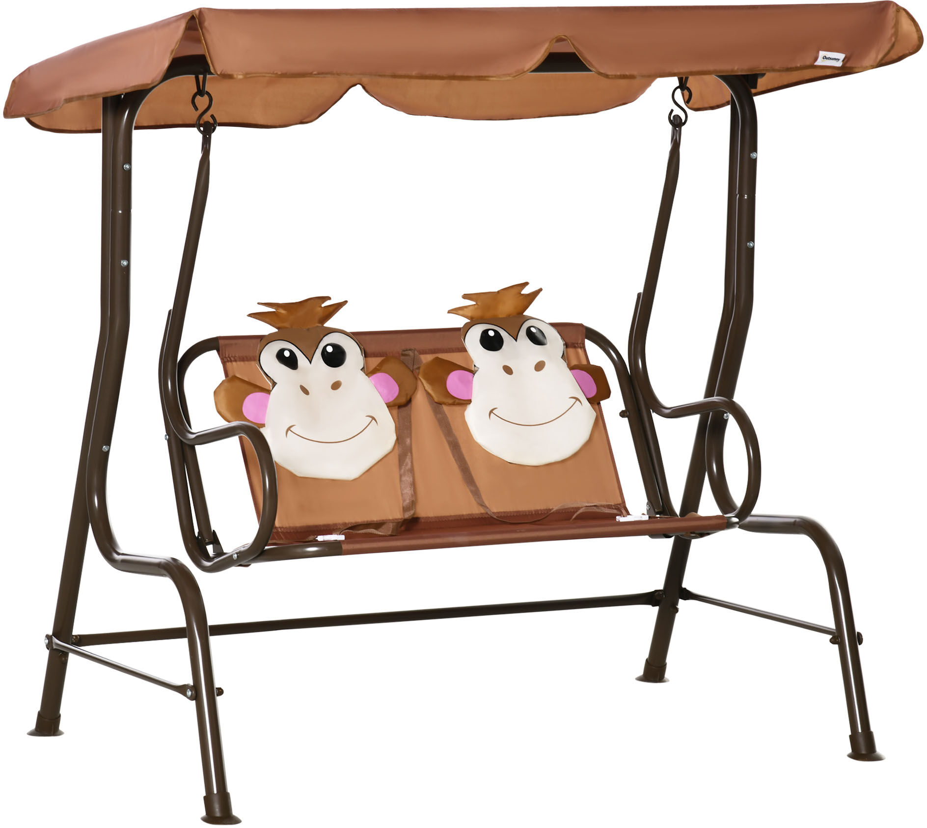Outsunny 2-Seat Kids Canopy Swing, Children Outdoor Patio Lounge Chair, for Garden Porch, with Adjustable Awning, Seat Belt, Monkey Pattern, Coffee