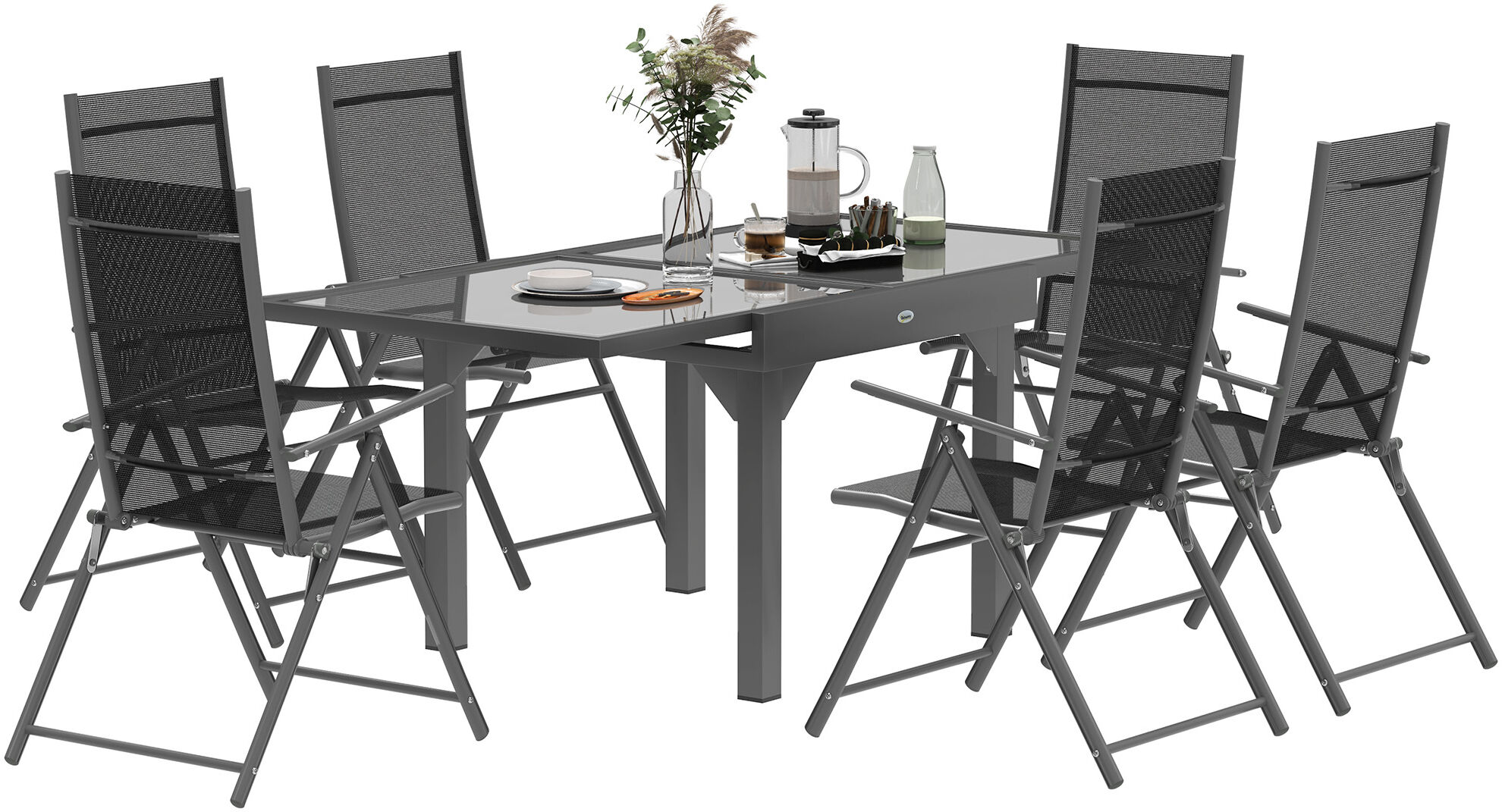 Outsunny 7 Piece Outdoor Dining Set with Extendable Table and 6 Folding Chairs for Patio, Balcony, Deck, Grey