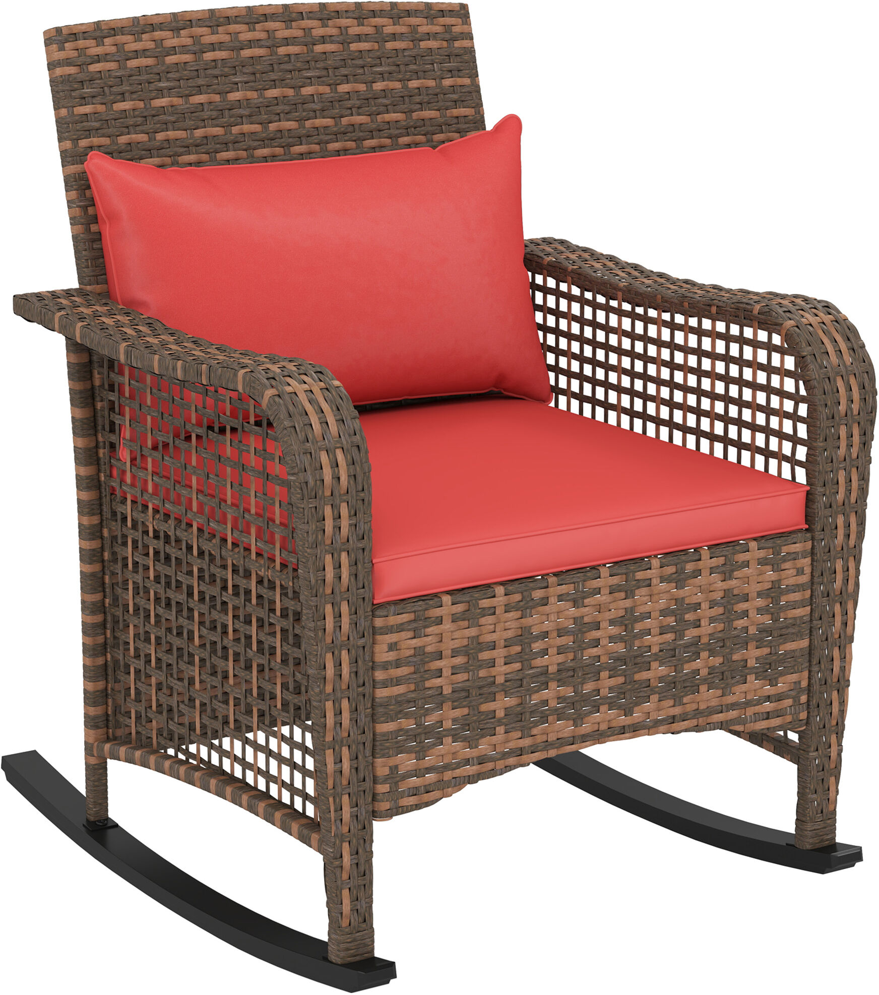 Outsunny Garden Rocking Chair, Outdoor Rattan Rocker Lounge Chair with Seat and Back Cushions, Patio Armchair Seat with All-weather Wicker, Steel Frame for Porch Balcony, Red
