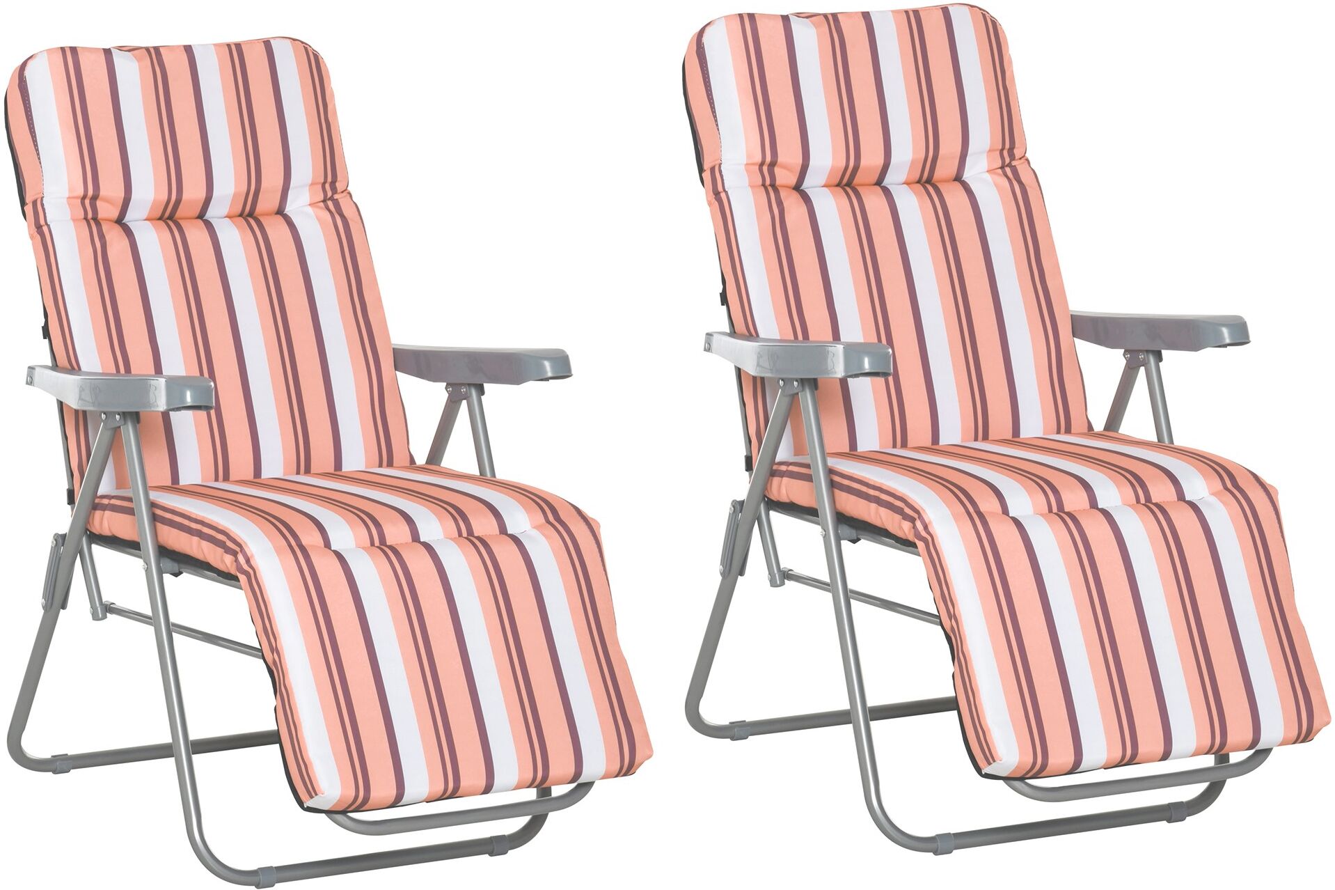 Outsunny Set of 2 Garden Sun Lounger Outdoor Reclining Seat Cushioned Seat Foldable Adjustable Recliner Orange and White