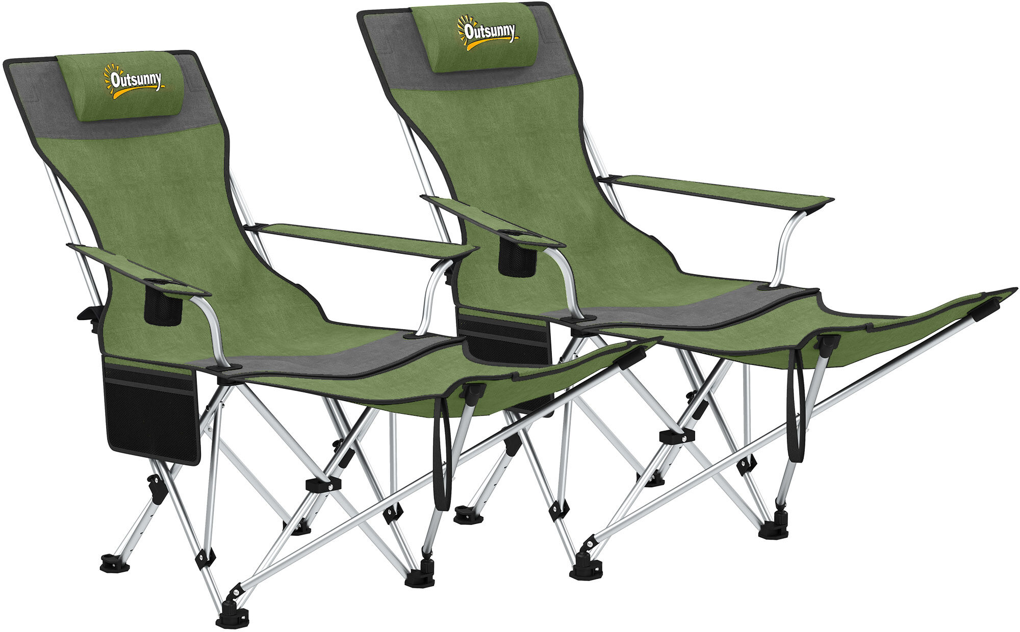 Outsunny Set of 2 Reclining Folding Camping Chair w/ Detachable Footrest, Storage Bag, Cup Holder & Headrest, Lightweight Portable Camp Chair for Beach, Picnic, Olive Green and Grey