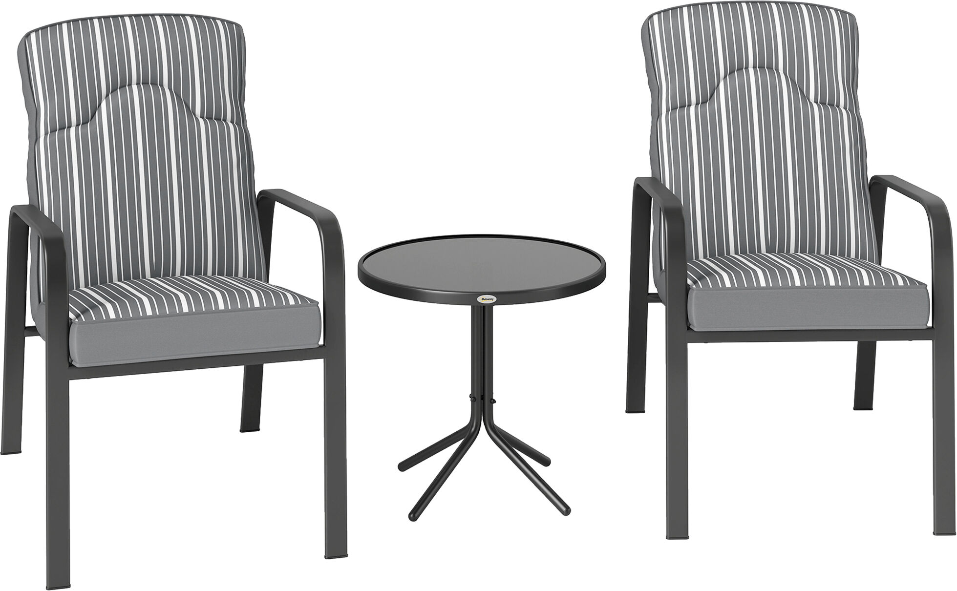 Outsunny 3-Piece Patio Bistro Set, 5-Position Adjustable Recliner Garden Chairs and Tempered Glass Table, Garden Furniture Set with Cushions, High Back, Armrests, Metal Frame for Balcony Patio, Grey