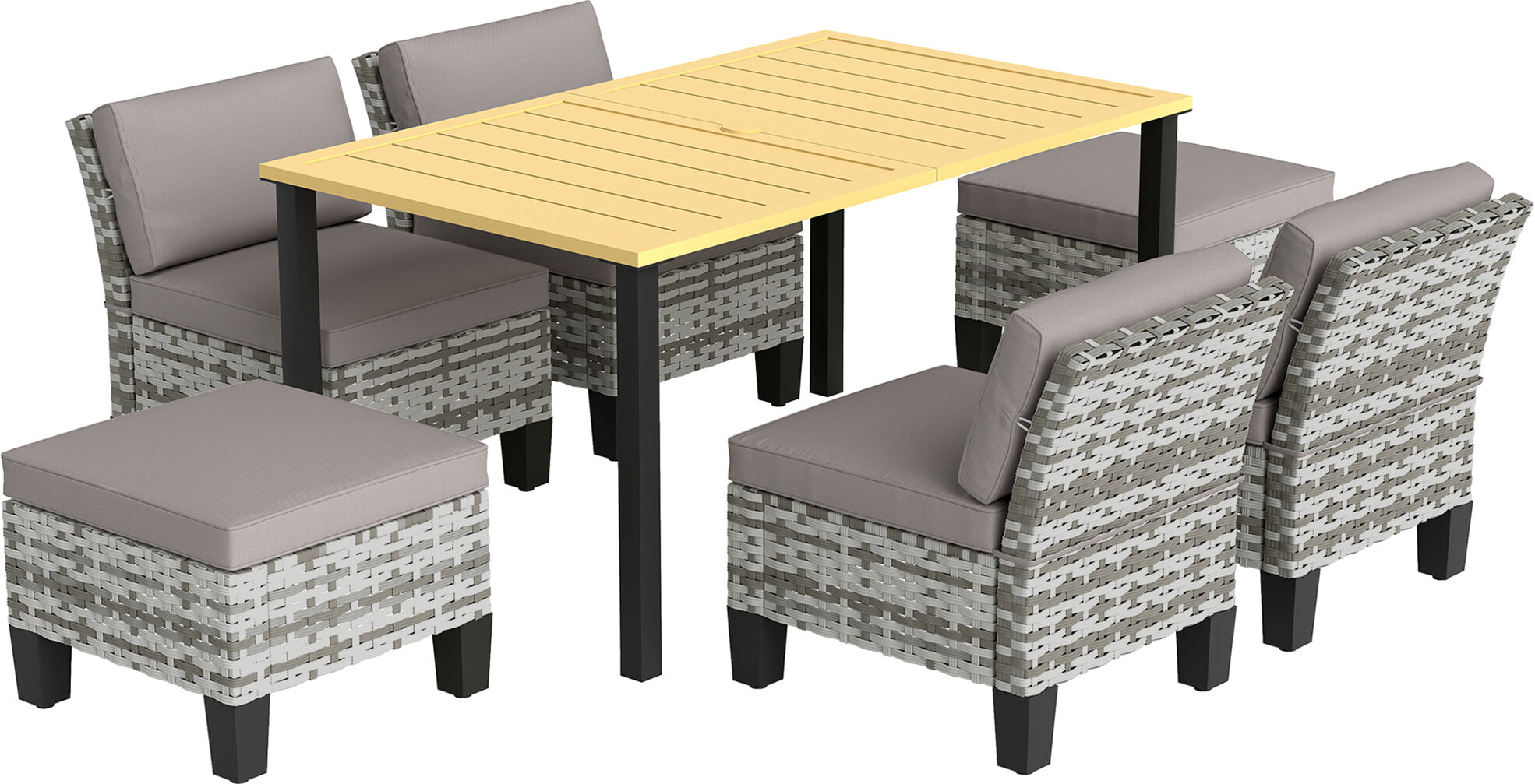 Outsunny 7-Piece Rattan Garden Dining Set, 6 Seater Wicker Garden Furniture Set with Seat and Back Cushions, Umbrella Hole, Patio Table and Chairs with Slatted Metal Top Table for Balcony, Grey