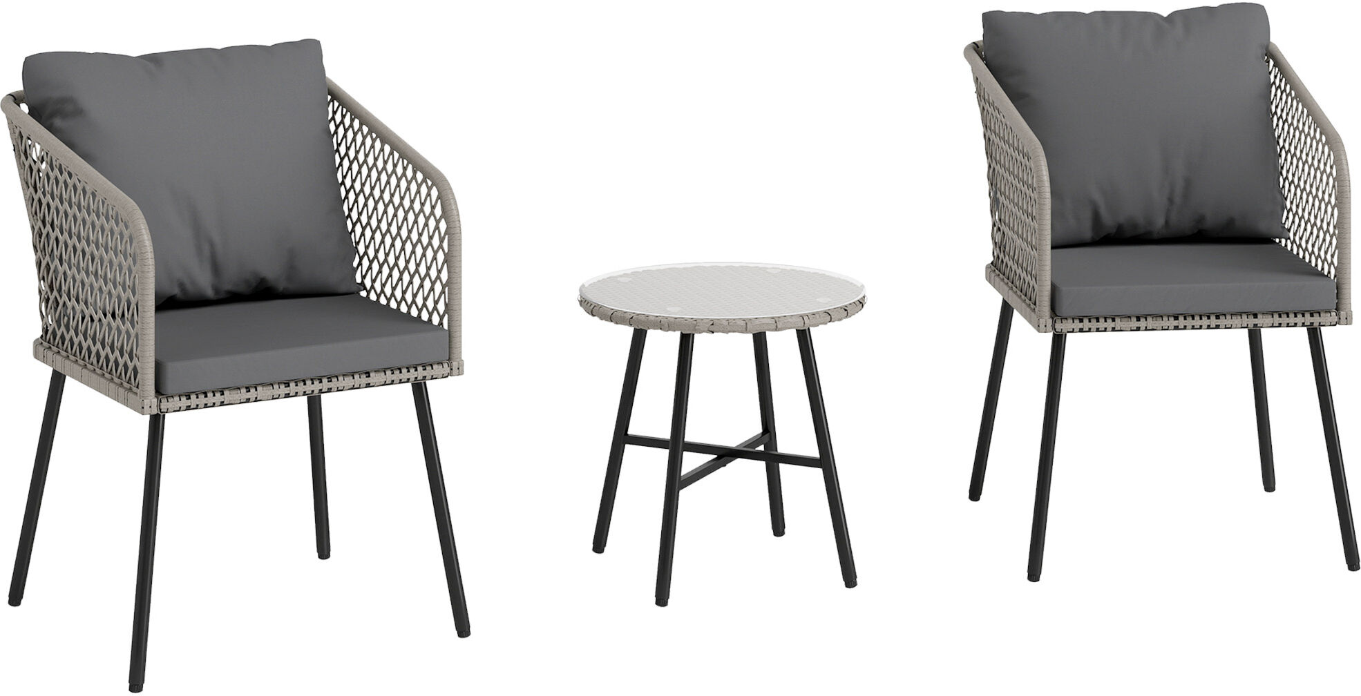 Outsunny 3 Piece Rattan Bistro Set with 2 Chairs, Tempered Glass Table, Cushions, Adjustable Foot Pads for Garden, Balcony, Grey