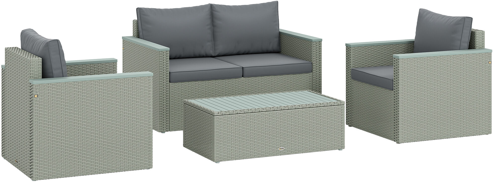 Outsunny 4 Piece Rattan Garden Furniture Set, 4 Seater Wicker Outdoor Sofa Set with 2 Armchairs, Loveseat, Acacia Wood Top Coffee Table, Cushions, Patio Conservatory Set for Balcony, Light Grey