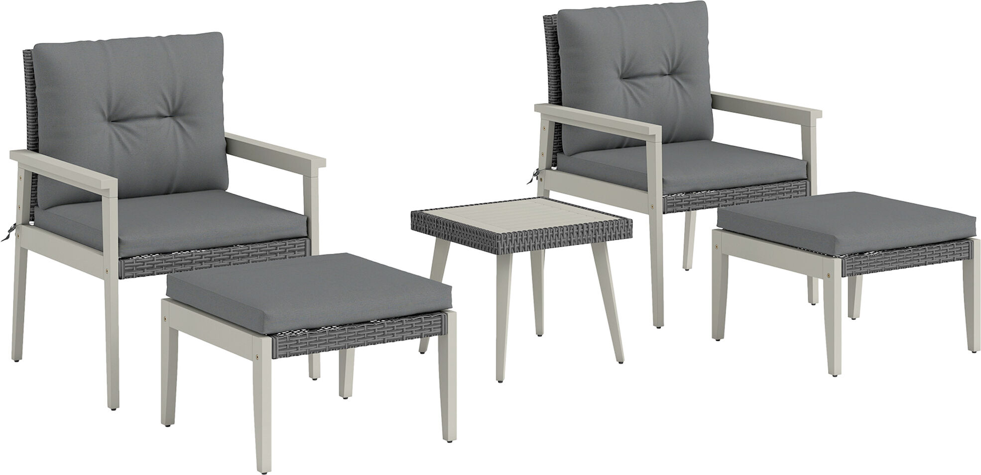 Outsunny 5 Pieces Rattan Garden Furniture Set, Patio Conversation Set with Cushions, Acacia Wood Top Coffee Table and Footstools, Outdoor Table and Chairs for Balcony, Terrace and Conservatory, Grey