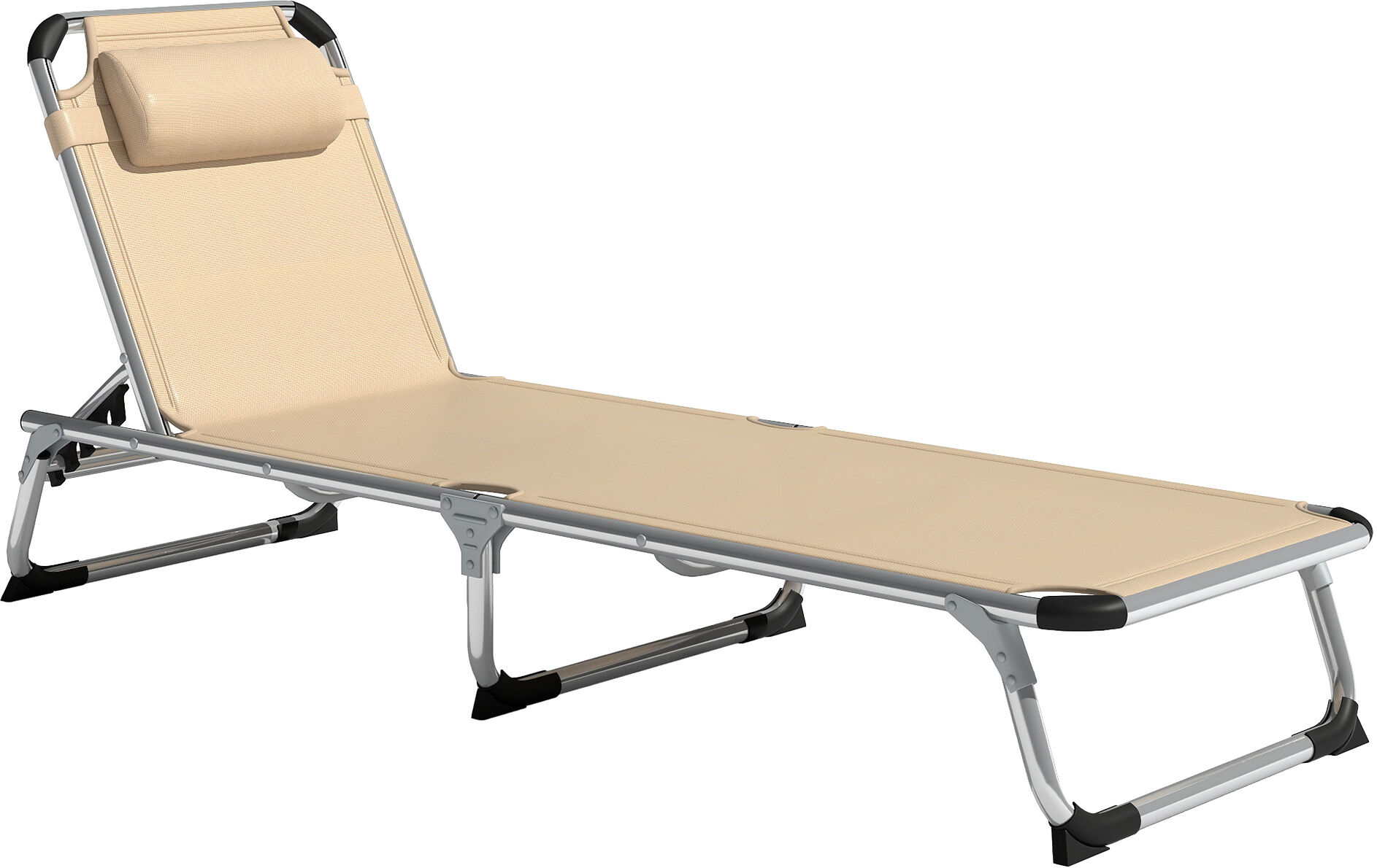 Outsunny Foldable Reclining Sun Lounger Lounge Chair Camping Bed Cot with Pillow 5-Level Adjustable Back Aluminium Frame Khaki