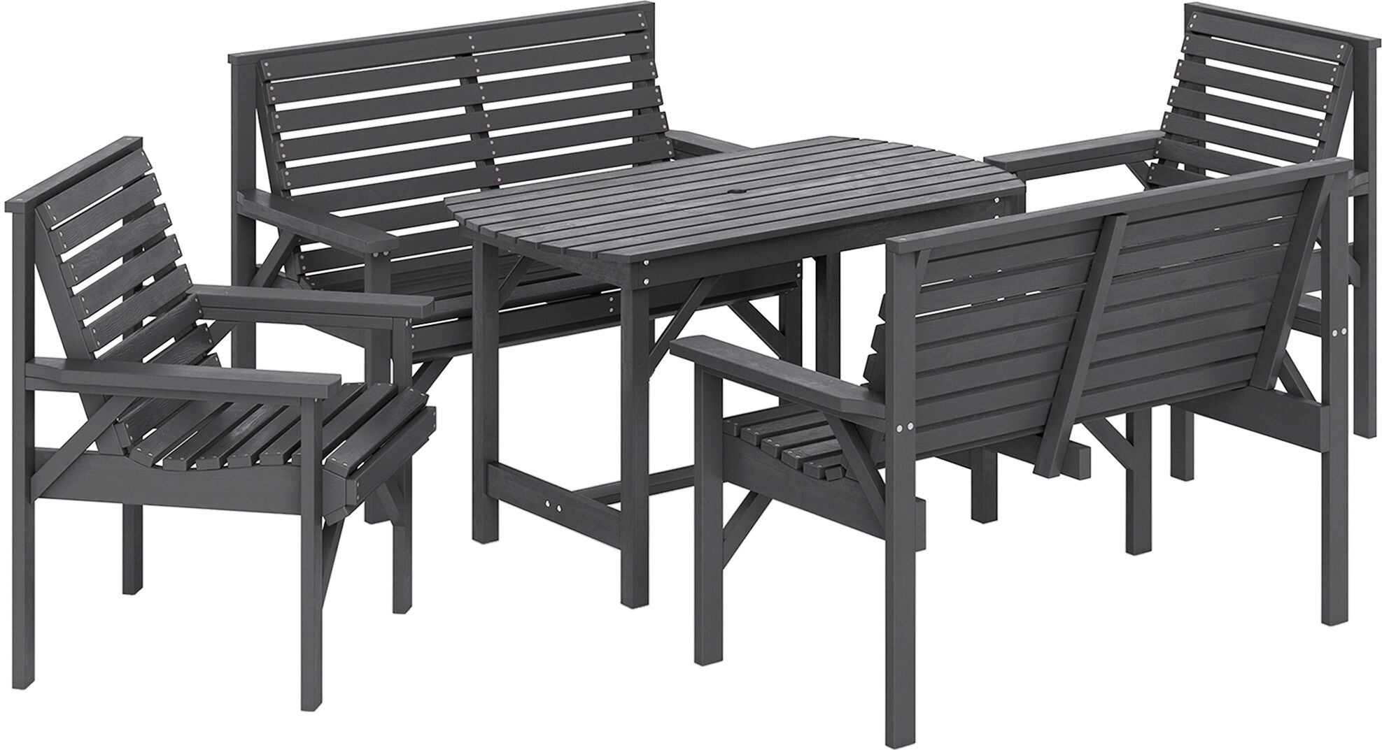 Outsunny 5 Piece Wooden Garden Dining Set for 6, Outdoor Conversation Set with 2 Armchairs, 2 Loveseats and Dining Table with Umbrella Hole for Patio, Balcony, Grey