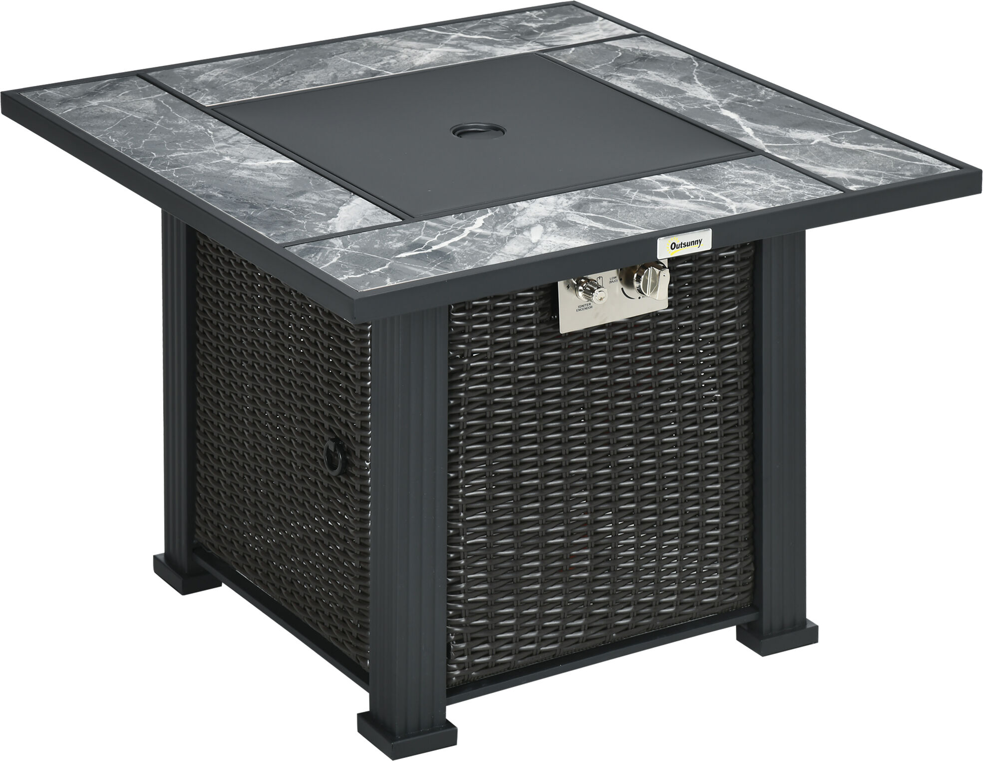 Outsunny Rattan Gas Fire Pit Table, Marble Top Patio Heater w/ Windscreen & Rain Cover, Outdoor Garden Centrepiece Aosom UK