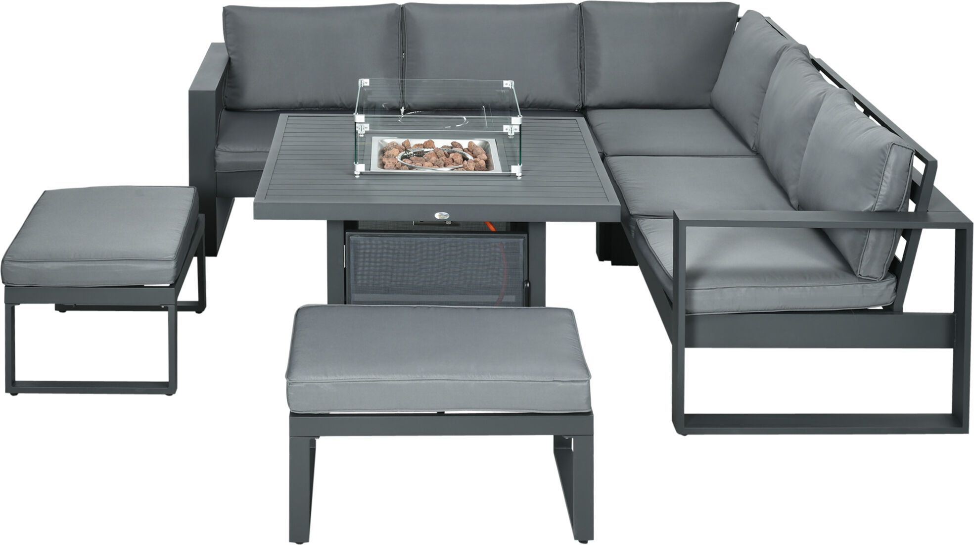 Outsunny 6-Piece Aluminium Garden Furniture Set, Outdoor Corner Sofa, Loveseat, Footstool, Sectional with Gas Fire Pit Table, Grey Aosom UK